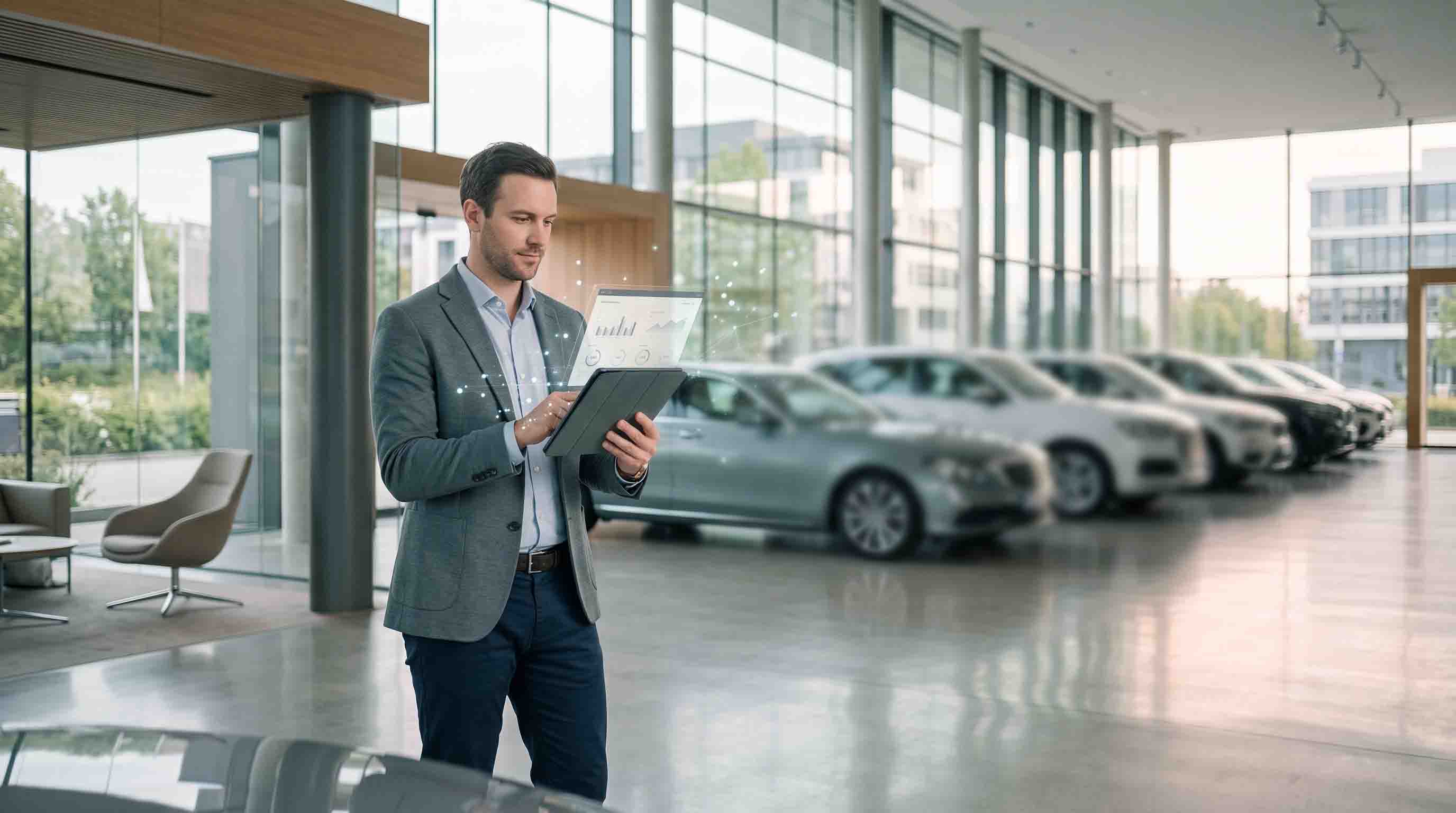 Ein Verkaufsberater betrachtet digitale Analysen auf einem Tablet in einem hellen Autohaus, dahinter eine Reihe Fahrzeuge.